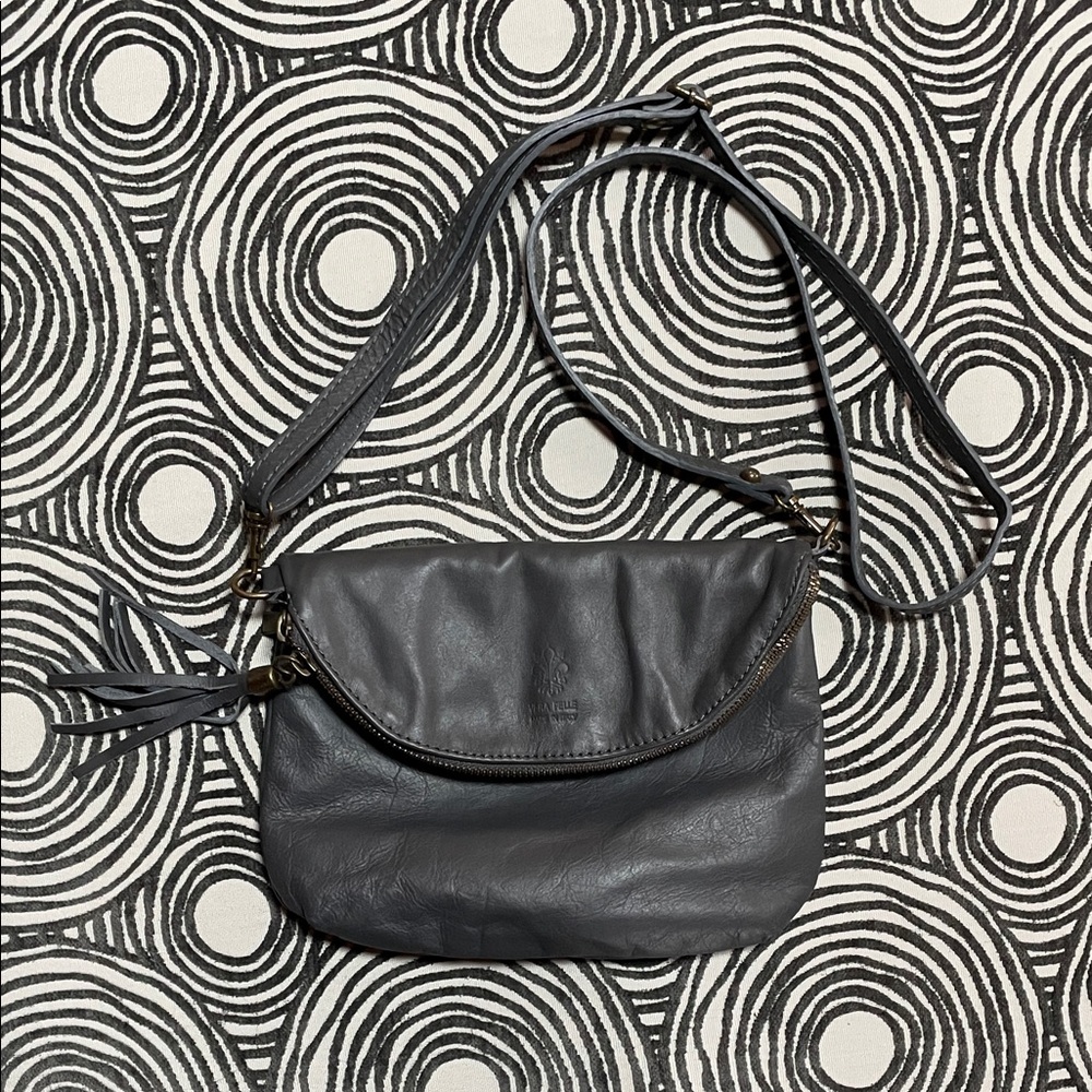 NWOT Leather Crossbody Zippered Bag from Italy Gray with Tassel